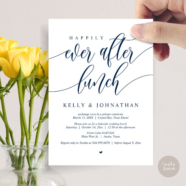 Invitation Heureux Jamais Après Le Déjeuner Mariage, Navy Blu (Happily Ever After Wedding Lunch Invitation Card, PDF, Modern Calligraphy, in Navy Blue)
