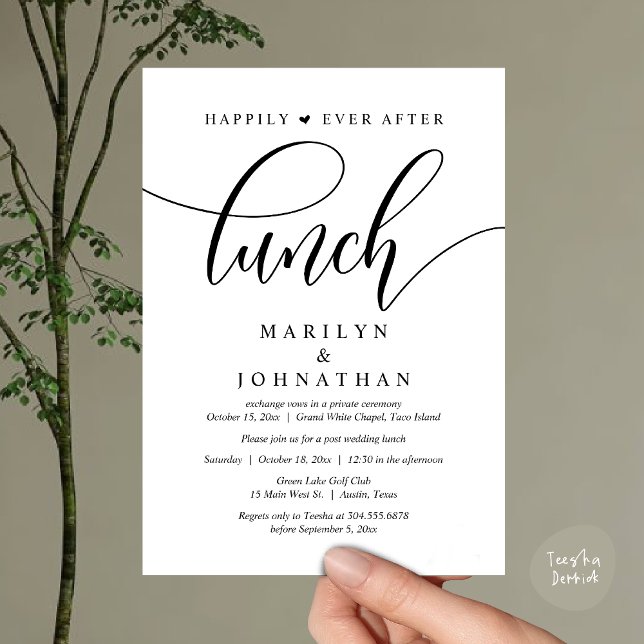 Invitation Heureux Jamais Après Le Déjeuner, Poste Mariage (Happily Ever After Lunch, Wedding Party Invitation Card PDF Modern Romantic White Black)