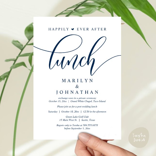 Invitation Heureux Jamais Après Le Déjeuner, Poste Mariage (Happily Ever After Lunch, Wedding Party Invitation Card PDF Modern Romantic Navy Blue)