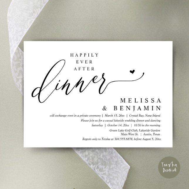 Invitation Heureux Jamais Après Le Dîner Coeur Mariage (Happily Ever After Dinner Invitation Card, PDF, Romantic Wedding Elopement, Lovely Heart, Black)