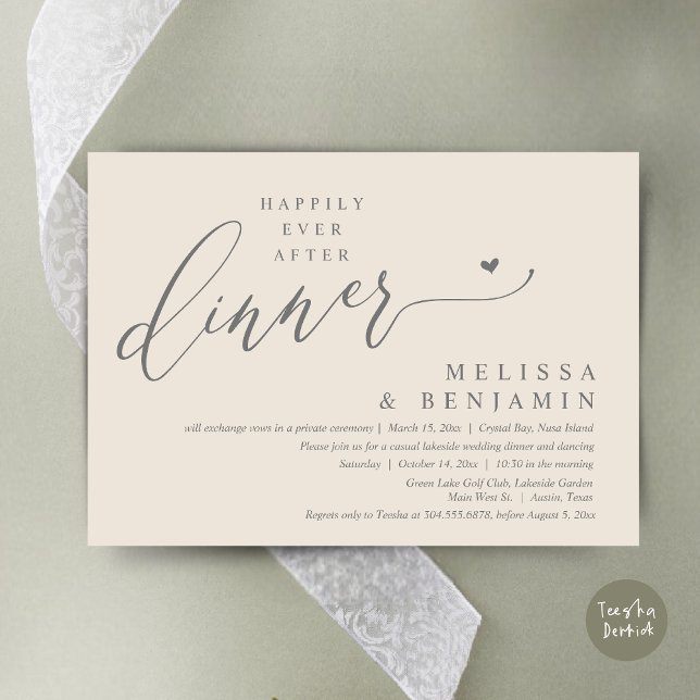 Invitation Heureux Jamais Après Le Dîner Coeur Mariage (Happily Ever After Dinner Invitation Card, PDF, Romantic Wedding Elopement, Lovely Heart, Cream Grey)