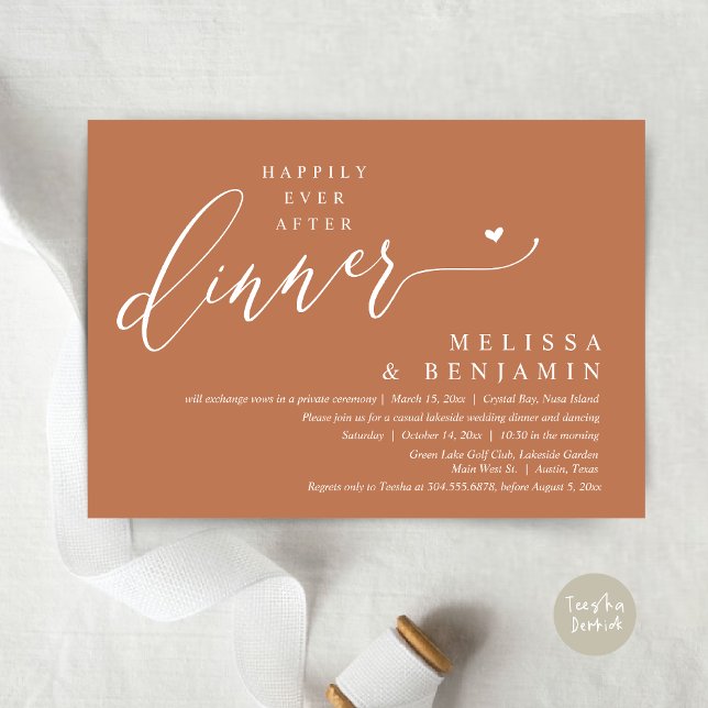 Invitation Heureux Jamais Après Le Dîner Coeur Mariage (Happily Ever After Dinner Invitation Card, PDF, Romantic Wedding Elopement, Lovely Heart, in Copper)