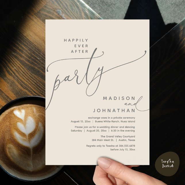 Invitation Heureux Jamais Après Le Dîner D'Elopement Du Maria (Romantic Happily Ever After Party Modern Wedding Elopement Dinner Invitation Card PDF Cream Grey)
