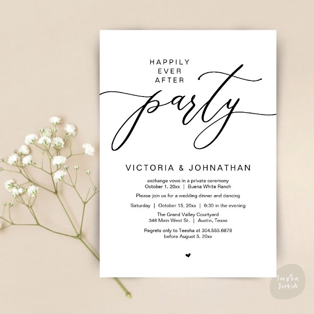Invitation Heureux Jamais Après Le Dîner D'Elopement Du Maria (Romantic Happily Ever After Party Modern Wedding Elopement Dinner Invitation Card PDF White Black)