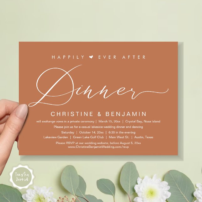 Invitation Heureux Jamais Après Le Dîner Elopement, Script Mo (Happily Ever After Dinner Invitation Card, PDF, Modern Romantic Script, in Copper Rust Brown)