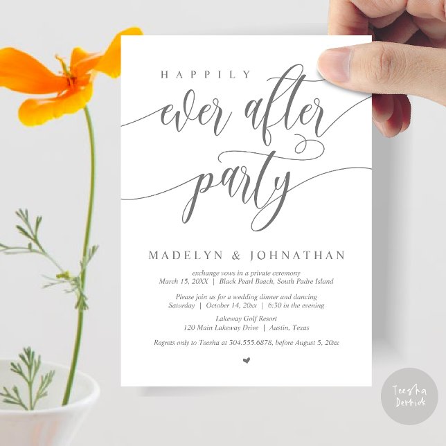 Invitation Heureux Jamais Après Le Dîner Mariage De Fête, Gri (Happily Ever After Party, Modern Calligraphy Wedding Dinner Invitation Card, PDF, in Dark Grey)