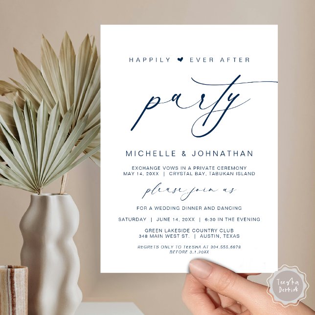 Invitation Heureux Jamais Après Le Dîner, Mariage Elopement (Happily Ever After Party, Wedding Elopement Dinner Brunch Invitation Card, PDF, Navy Blue)