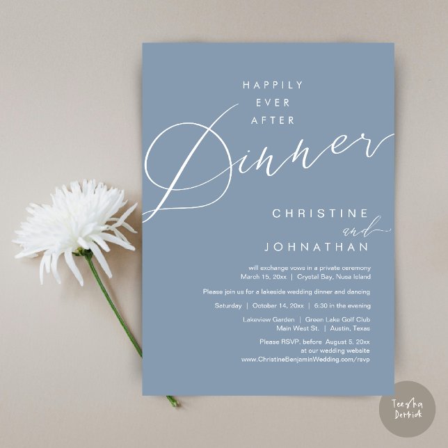 Invitation Heureux Jamais Après Le Dîner Mariage Elopement Sc (Happily Ever After Dinner Wedding Elopement Script Invitation Card, PDF, Modern Romantic, Dusty Blue)