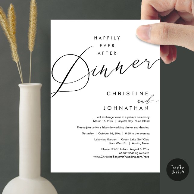 Invitation Heureux Jamais Après Le Dîner Mariage Elopement Sc (Happily Ever After Dinner Wedding Elopement Script Invitation Card, PDF, Modern Romantic, in Black)