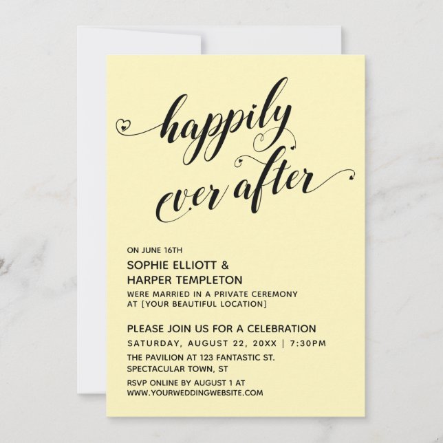 Invitation Heureux Jamais Après Les Coeurs Pale Jaune Récepti (Devant)