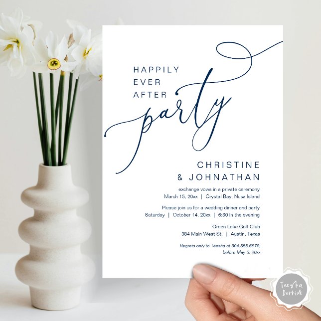 Invitation Heureux Jamais après l'invitation du parti Mariage (Happily Ever After Party, Wedding Elopement Brunch, Dinner or Lunch Invitation Card in Navy Blue)