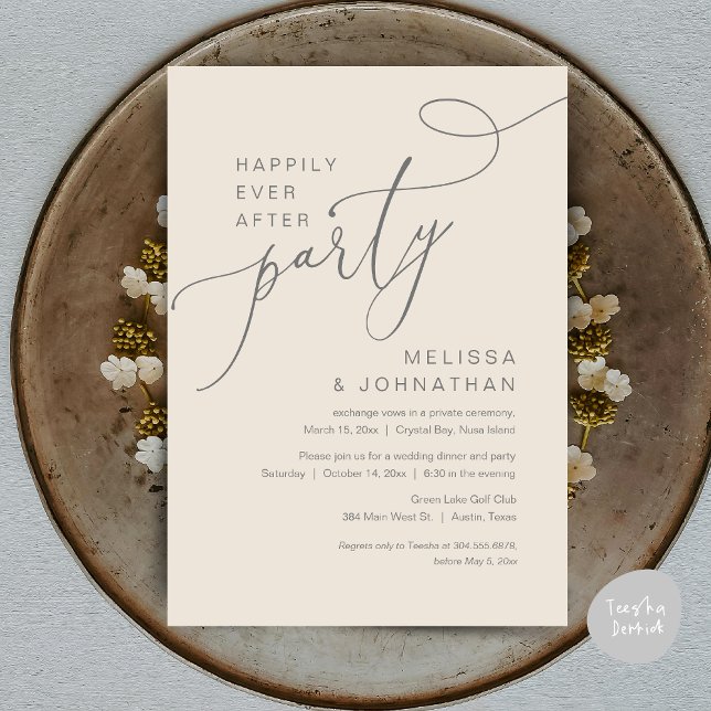 Invitation Heureux Jamais après l'invitation du parti Mariage (Happily Ever After Wedding Elopement Dinner Party Invitation Card, PDF, Classy Cream and Grey)