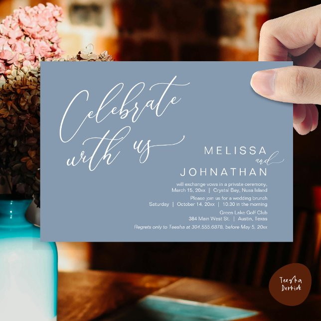 Invitation Heureux Jamais après Mariage Elopement Brunch (Celebrate with us, Nothing Fancy Just Love, Romantic Wedding Brunch Invitation Card PDF Dusty Blue)