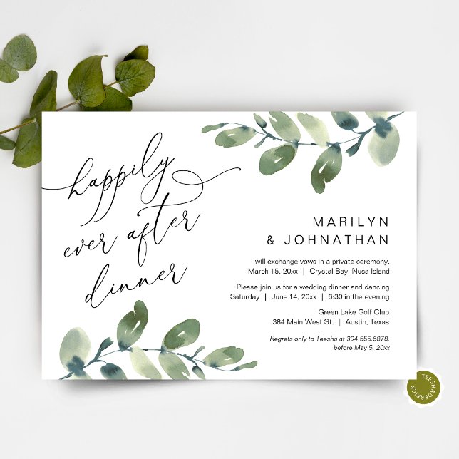 Invitation Heureux pour toujours après le dîner, Fugue, Verdu (Happily Ever After Dinner, Elopement Party Invitation Card, Greenery Eucalyptus, Digital Download)
