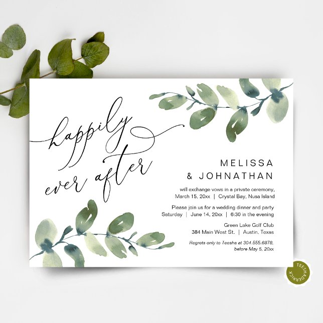 Invitation Heureux Pour Toujours, Dîner de Fiançailles, Verdu (Happily Ever After, Post Wedding Elopement Dinner Invitation, Modern Romantic Greenery Eucalyptus)