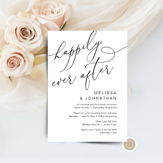 Invitation Heureux Pour Toujours, Dîner de Mariage en Intime (Happily Ever After, RomanticPost Wedding Elopement Brunch, Dinner, Party Celebration Invitation Card)