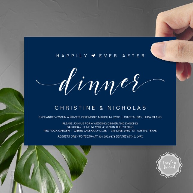 Invitation Heureux pour toujours, Dîner de Mariage Intime (Happily Ever After Dinner Invitation Card, PDF, Modern Wedding Elopement, Heart, Navy Blue)
