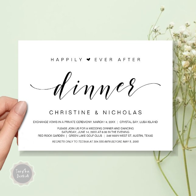 Invitation Heureux pour toujours, dîner d'élopement de mariag (Happily Ever After Dinner Invitation Card, PDF, Modern Wedding Elopement, Heart, Black and White)