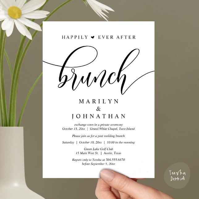 Invitation Heureux toujours après Brunch, Mariage de poste (Happily Ever After Lunch, Wedding Party Invitation Card PDF Modern Beautiful White Black)