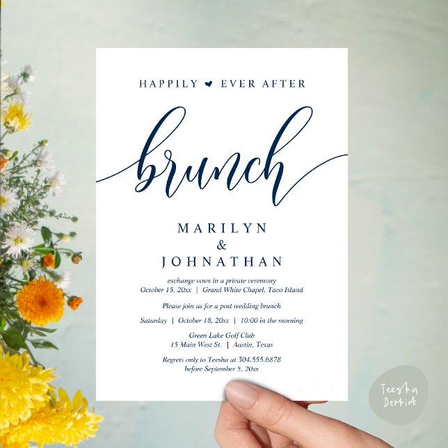 Invitation Heureux toujours après Brunch, Mariage de poste (Happily Ever After Lunch, Wedding Party Invitation Card PDF Modern Beautiful Navy Blue)