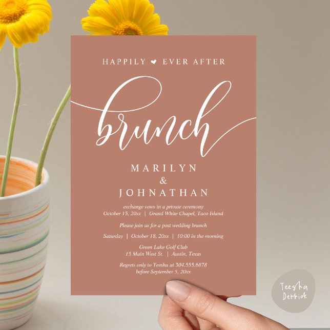 Invitation Heureux toujours après Brunch, Mariage de poste (Happily Ever After Brunch, Wedding Party Invitation Card PDF Modern Beautiful Terracotta Earthy)