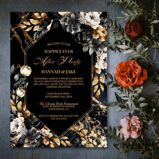 Invitation Heureux toujours après la fête Black Gold Floral M (Créateur téléchargé)