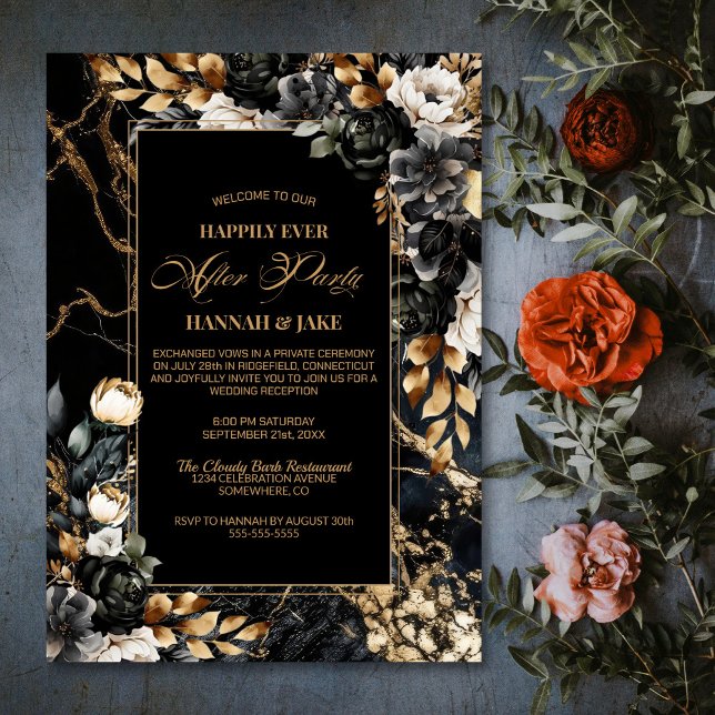 Invitation Heureux toujours après la fête Black Gold Floral M (Créateur téléchargé)