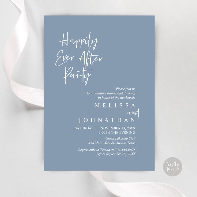 Invitation Heureux toujours après la fête, dîner Mariage Elop (Happily Ever after Party, Wedding Elopement Dinner Invitation Card, PDF, in Dusty Blue)