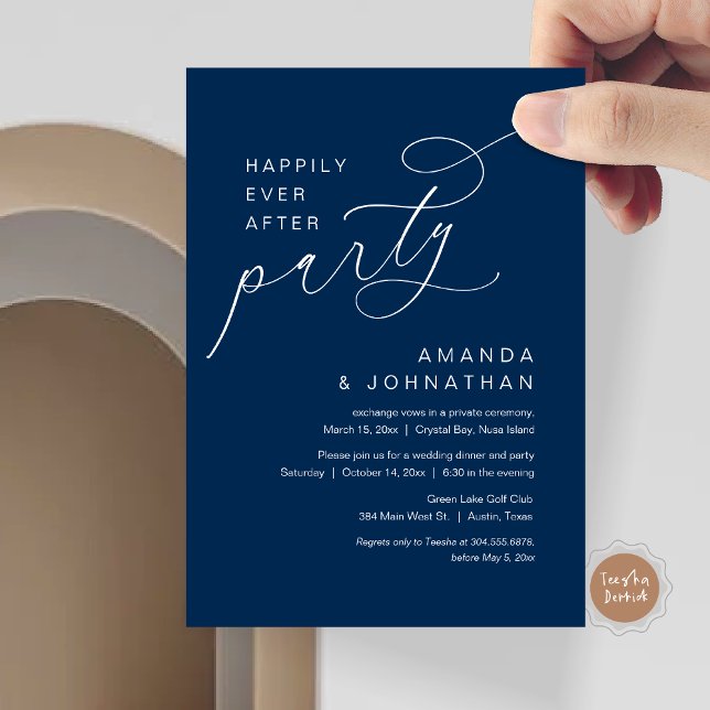 Invitation Heureux toujours après la fête, Mariage romantique (Happily Ever After Party, Modern Romantic Wedding Dinner Invitation Card in navy blue)