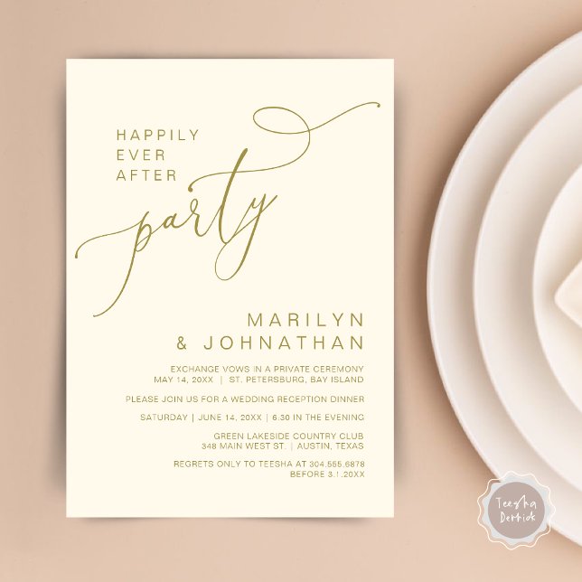 Invitation Heureux toujours après la réception Dîner et danse (Happily Ever After Reception Dinner and Dancing Cash Bar, Adult only Invitation Card PDF Yellow Gold)