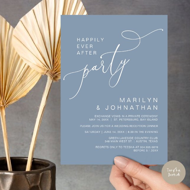 Invitation Heureux toujours après la réception Dîner et danse (Happily Ever After Reception Dinner and Dancing Cash Bar, Adult only Invitation Card PDF Dusty Blue)