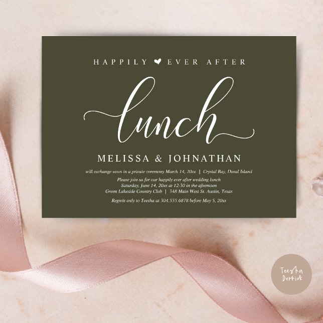 Invitation Heureux toujours après le déjeuner, Mariage Elopem (Happily Ever After Lunch Invitation Card, PDF, Modern Classy Script, in Olive Green)