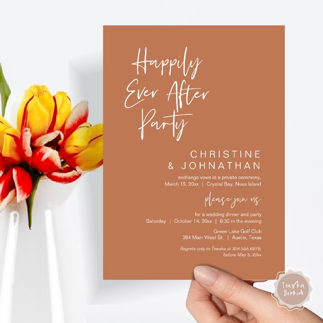 Invitation Heureux toujours après, Mariage Elopement Diner Pa (Happily Ever After Party, Wedding Elopement Dinner Invitation Card, PDF, Modern, Copper Rust Brown)