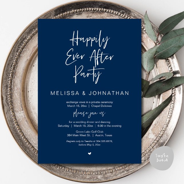 Invitation Heureux toujours après, Mariage Elopement Diner Pa (Happily Ever After Party, Wedding Dinner and Dancing Invitation Card, PDF, in Navy Blue)