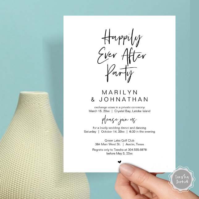 Invitation Heureux toujours après, parti Elopement Mariage (Happily Ever After, Wedding Elopement Modern Summer Party Invitation Card, PDF, in Black White)