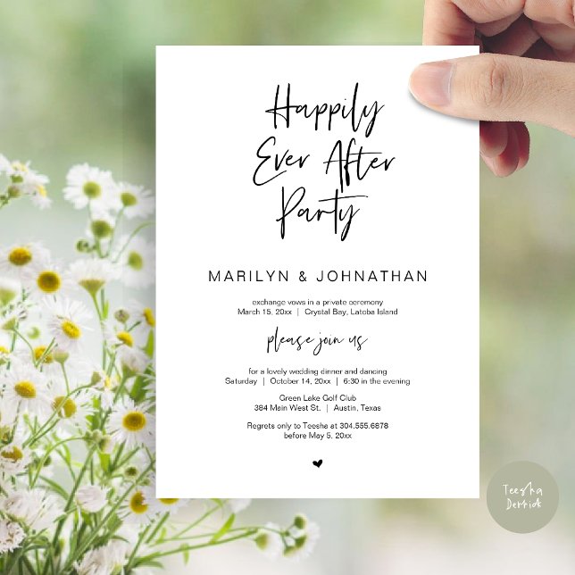 Invitation Heureux toujours après, parti Elopement Mariage (Happily Ever After, Wedding Elopement Modern Summer Party Invitation Card, PDF, in Black White)