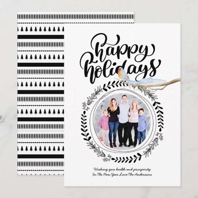 Invitation HEUREUX VACANCES PHOTO Festive moderne Robin Xmas (Devant / Derrière)