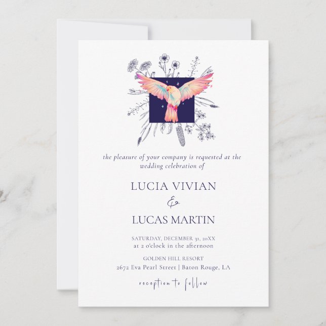Invitation Hex Blue Monogram Forêt Flying Mariage d'oiseaux (Devant)