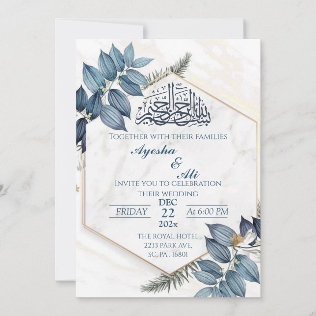 Invitation Hexagon Gold Frame gris feuille Mariage islamique (Devant)