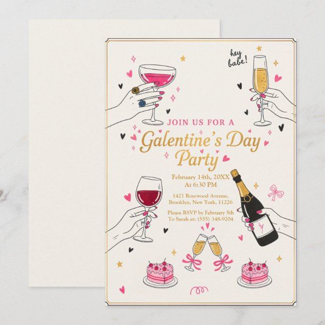 Invitation Hey Babe Galentines Party Wine Cake (Devant / Derrière)