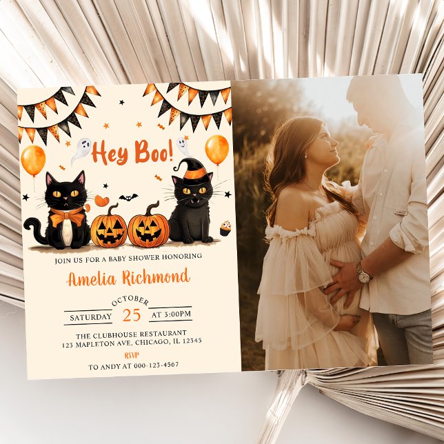 Invitation Hey Boo ! Baby shower d'Halloween de chat noir (Créateur téléchargé)