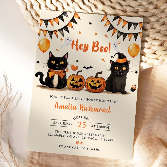 Invitation Hey Boo ! Baby shower d'Halloween de chat noir (Créateur téléchargé)