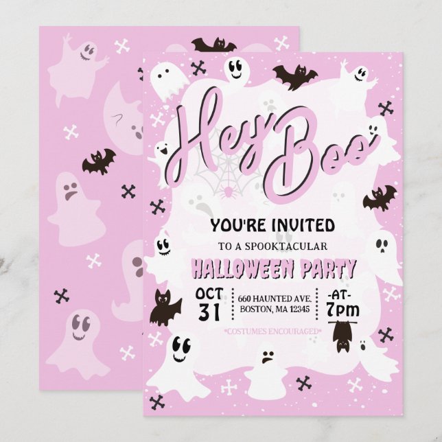 Invitation Hey Boo Cute Éffrayante Fête d'Halloween (Devant / Derrière)