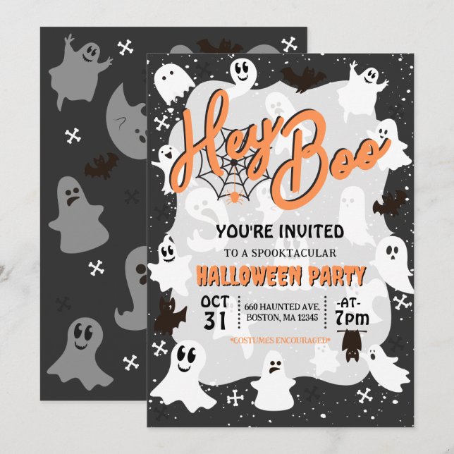 Invitation Hey Boo Cute Éffrayante Fête d'Halloween (Devant / Derrière)