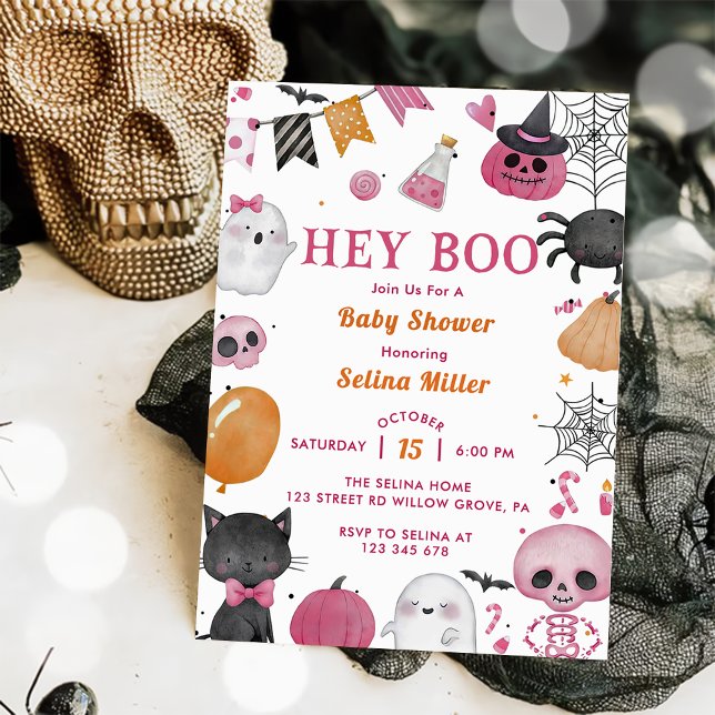 Invitation Hey Boo ! Fête de bébé Halloween rose (Créateur téléchargé)