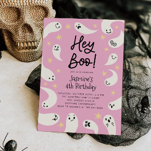 Invitation Hey Boo Halloween Fantôme rose Anniversaire