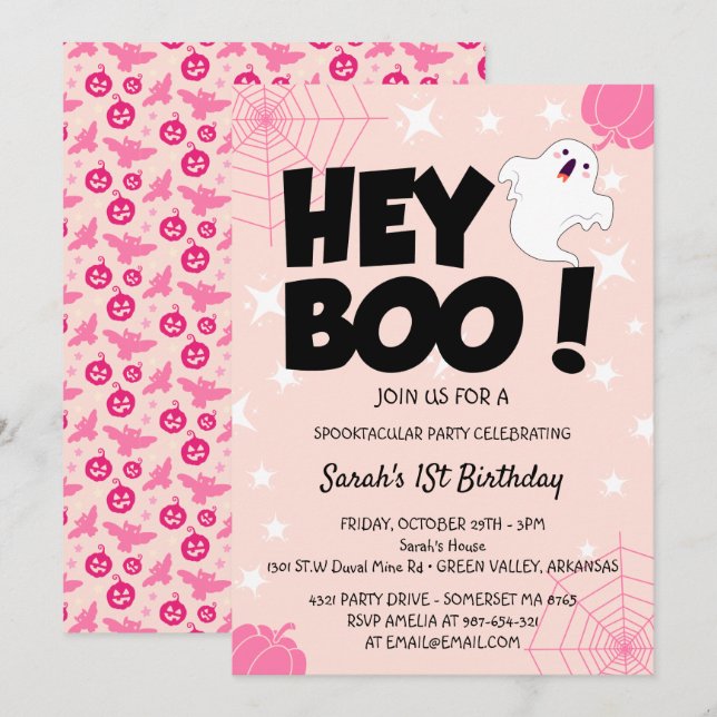 Invitation Hey Boo Pink Halloween Ghost fête d'anniversaire (Devant / Derrière)