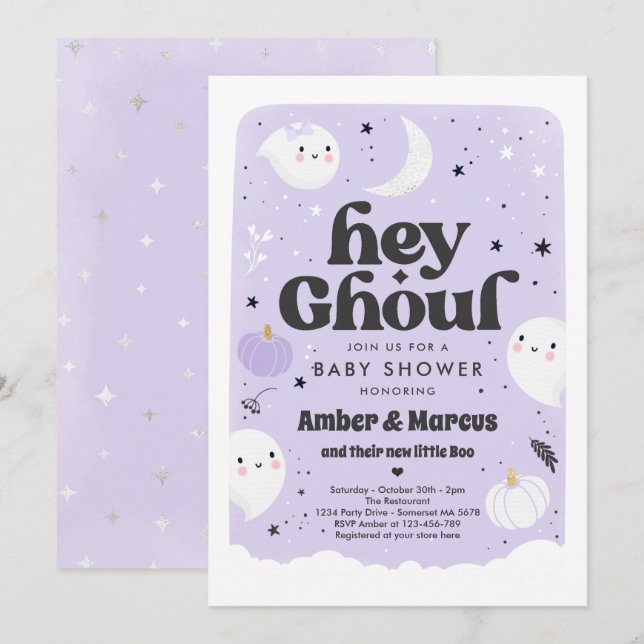 Invitation Hey Ghoul Purple Girl Baby shower fantôme (Devant / Derrière)