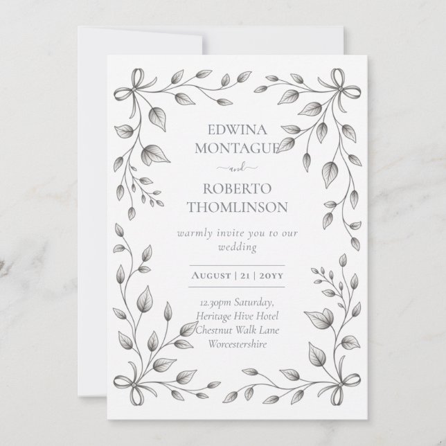 Invitation HHS Botanical Leaf and Ribbon Hand Drawn Wedding (Devant)