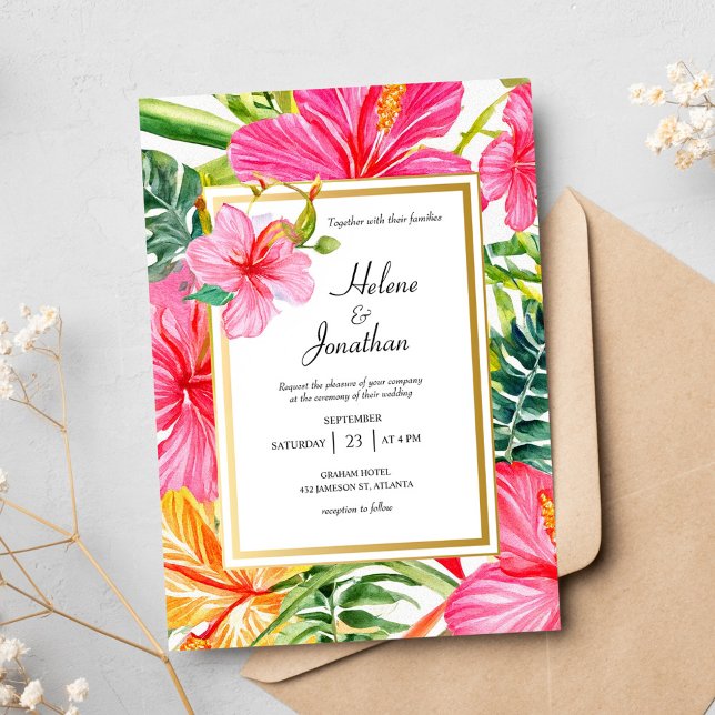 Invitation Hibiscus Aquarelle Tropicale Destination Mariage (Hibiscus Watercolor Tropical Destination Wedding Invitation)